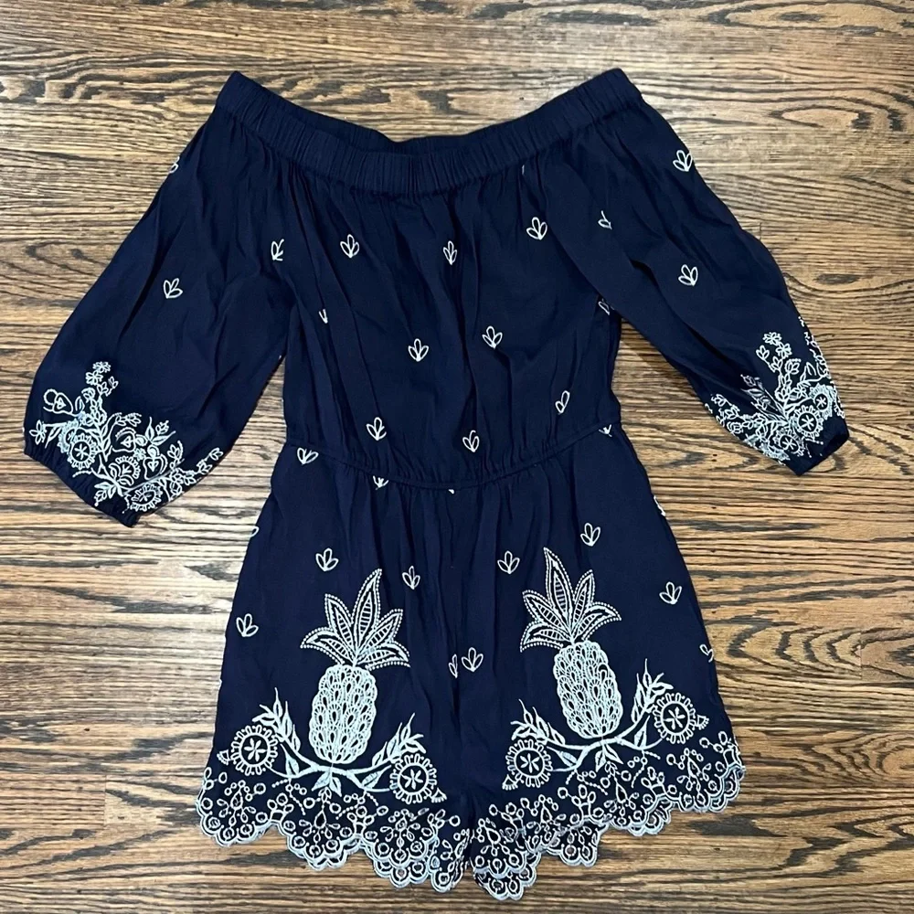 Farm Rio Embroidered Linen Romper Pineapple Anthropologie Jackie Navy Size S NEW - Picture 5 of 5
